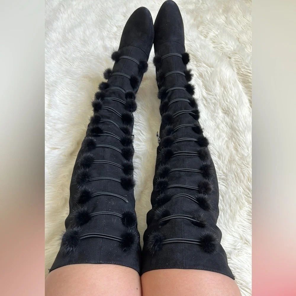 Stevey Faux Fur Pom Pom Knee High Boots